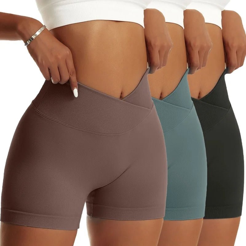 High Waist Yoga Scrunch Butt Shorts, 3-Piece Set - Peach - silverfoxgoods